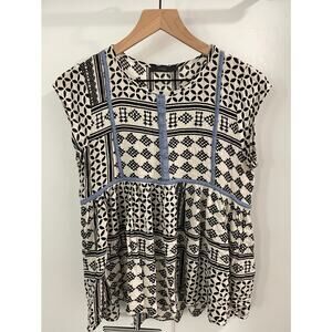 THML Anthro Brand Womens Woven Black/White/Blue Printed Cap Slv Tank L